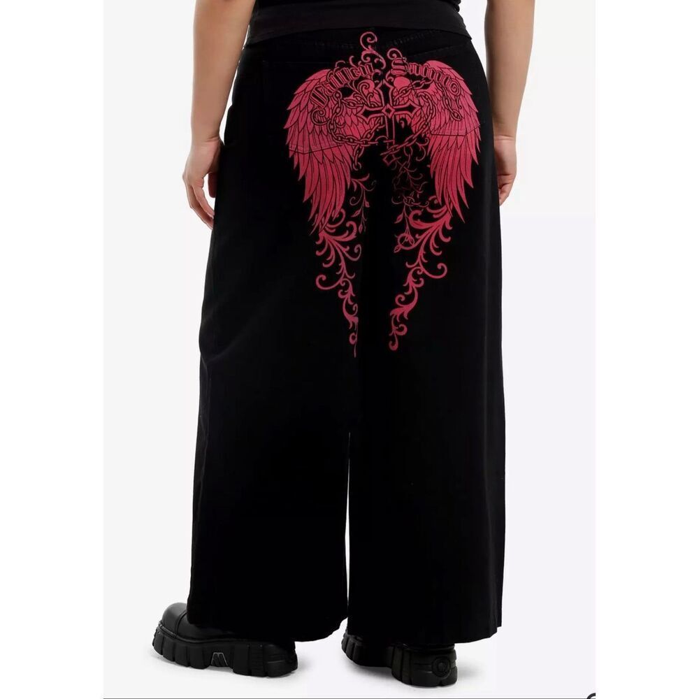 Hot Topic Winged Rose & Cross Black & Pink Wide Leg Jeans Plus Size 18 Nwt